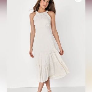 Celebration Charm Ivory Satin Jacquard Tiered Halter Midi Dress | Lulus